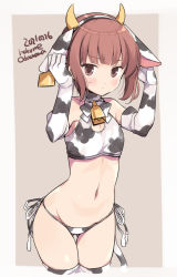 Rule 34 | 1girl, alternate costume, animal ears, animal print, bell, bikini, border, brown eyes, brown hair, cow ears, cow horns, cow print, cow print bikini, cow tail, cowbell, cowboy shot, ear tag, elbow gloves, fake animal ears, fake horns, flat chest, gloves, gluteal fold, grey background, horns, kantai collection, looking at viewer, odawara hakone, print bikini, short hair, solo, swimsuit, tail, thighhighs, two-tone background, white bikini, white border, white gloves, white thighhighs, z3 max schultz (kancolle)