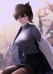 Rule 34 | 1girl, absurdres, alternate costume, bench, black skirt, blurry, blurry background, breasts, brown eyes, brown hair, brown pantyhose, coat, grey sweater, hair between eyes, highres, kaga (kancolle), kantai collection, large breasts, on bench, outdoors, pantyhose, park bench, pencil skirt, removing coat, revision, ribbed sweater, side ponytail, sitting, skirt, solo, sweater, sweater tucked in, wa (genryusui), white coat