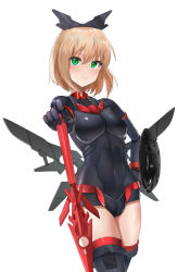 Rule 34 | 1girl, 30 minutes sisters, absurdres, black footwear, black gloves, black leotard, blonde hair, blush, boots, breasts, covered navel, gloves, green eyes, hand on hilt, highres, leotard, looking at viewer, low wings, mechanical wings, medium breasts, shield, short hair, smile, solo, sword, thigh boots, tiasha (30ms), tirano rinko, weapon, white background, wings