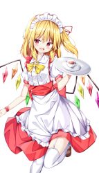 Rule 34 | 1girl, :d, bad id, bad pixiv id, blonde hair, bow, bowtie, crystal, cup, flandre scarlet, highres, holding, holding tray, looking at viewer, maid, maid headdress, one side up, open mouth, red eyes, sabana, short hair, smile, solo, teacup, touhou, tray, wings, yellow bow, yellow bowtie