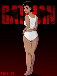 Rule 34 | 1girl, armpits, arms at sides, artist name, ass, assentlov, back, barefoot, batman (series), black eyes, black hair, breasts, butt crack, camisole, catwoman, collarbone, dark-skinned female, dark background, dark skin, dc comics, english text, eyelashes, feet, female focus, from behind, full body, highres, huge ass, legs, legs together, lips, lipstick, logo, looking at viewer, looking back, makeup, matching hair/eyes, matching underwear, medium breasts, midriff, multiple views, neck, official underwear, panties, scene reference, selina kyle, serious, shiny skin, short hair, soles, standing, swept bangs, the batman (2022), thighs, tiptoes, toes, tomboy, turnaround, underwear, underwear only, unworn clothes, white camisole, white panties