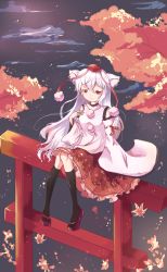 Rule 34 | 1girl, alternate hairstyle, animal ears, autumn, autumn leaves, bare shoulders, black thighhighs, breasts, detached sleeves, extra ears, geta, gradient background, hand on own chest, hat, highres, inubashiri momiji, leaf, long hair, nail polish, nature, night, night sky, niromi, pom pom (clothes), red eyes, silver hair, sitting, sky, solo, thighhighs, tokin hat, torii, touhou, tree, very long hair, wolf ears