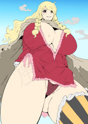 1girl ass blonde_hair blush braid breasts cameltoe cape cleavage gerd_(one_piece) giant gluteal_fold huge_breasts long_hair looking_at_viewer nekuraneko one_piece panty sanhuro2 single_thighhigh smile solo thick_thighs thighhighs thighs