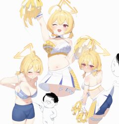 Rule 34 | 1boy, 1girl, :q, absurdres, ahoge, anger vein, arm up, arms behind back, ass, back, bare shoulders, belly, poking belly, blonde hair, blue archive, blue bra, blue shorts, blush, bra, braid, breasts, cheerleader, cleavage, closed eyes, closed mouth, clothes lift, collarbone, commentary, cowboy shot, crop top, doodle sensei (blue archive), dot nose, film grain, from behind, gloves, hair between eyes, hair ornament, halo, highres, holding, holding pom poms, inconvenient breasts, kotori (blue archive), kotori (cheer squad) (blue archive), large breasts, lifting another&#039;s clothes, long hair, looking at viewer, looking back, midriff, millennium cheerleader outfit (blue archive), miniskirt, muffin top, navel, official alternate costume, open mouth, parted lips, pleated skirt, plump, pointer, pom pom (cheerleading), pom poms, red eyes, rikuhito juusan, sensei (blue archive), short hair, short twintails, shorts, simple background, skindentation, skirt, skirt lift, sleeveless, standing, stomach, sweat, tearing up, thick thighs, thigh strap, thighs, tongue, tongue out, triangle halo, twintails, underwear, white background, white skirt, yellow halo