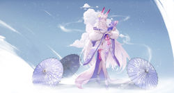 Rule 34 | 1girl, absurdres, animal ear fluff, animal ears, breasts, cloud, cloud background, colored skin, commentary, english commentary, expressionless, fox ears, fox girl, fox tail, highres, japanese clothes, kalle21, kimono, large breasts, long hair, looking at viewer, nail polish, oil-paper umbrella, original, pink nails, pink skin, platform footwear, purple eyes, socks, solo, tabi, tail, tassel, umbrella, very long hair