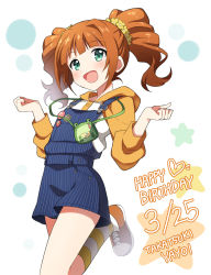 Rule 34 | 1girl, birthday, brown hair, character name, dated, green eyes, happy birthday, idolmaster, idolmaster (classic), mauve, overall skirt, short hair, smile, solo, takatsuki yayoi, twintails