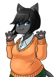 Rule 34 | 1girl, absurdres, animal ears, artist request, black hair, blue eyes, cat, cat ears, cat tail, furry, furry female, highres, looking at viewer, orange sweater, short hair, simple background, smile, solo, sweater, tail, white background