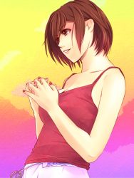 Rule 34 | 1girl, brown eyes, brown hair, meiko (vocaloid), nail polish, okiron (piapro), portrait, red nails, short hair, smile, solo, vocaloid