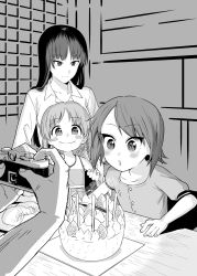 Rule 34 | 1boy, 3girls, aged down, bad id, bad twitter id, birthday, birthday cake, black hair, blowing, blunt bangs, blush, cake, camera, camera flash, candle, collarbone, family, food, fruit, girls und panzer, greyscale, highres, long hair, long sleeves, looking at another, monochrome, mother and daughter, multiple girls, nishizumi maho, nishizumi miho, nishizumi shiho, open mouth, shirt, short hair, short sleeves, siblings, sisters, smile, strawberry, taking picture, yawaraka black