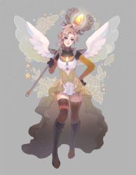 Rule 34 | 1girl, adapted costume, blue eyes, dress, feathered wings, flower, frilled dress, frills, gem, glowing, glowing weapon, grey background, hand on own hip, high ponytail, holding, holding staff, jewelry, long hair, looking at viewer, magical girl, mercy (overwatch), on shoulder, overwatch, overwatch 1, pendant, petals, rose, rose (jaakotodile), simple background, solo, spread wings, staff, star (symbol), thighhighs, weapon, white wings, wings