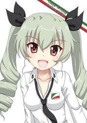 Rule 34 | 10s, 1girl, 2018, :d, anchovy (girls und panzer), anzio school uniform, black necktie, black ribbon, blush, breasts, brown eyes, character name, collarbone, collared shirt, commentary request, drill hair, flipper, girls und panzer, green hair, hair between eyes, hair ribbon, happy birthday, head tilt, italian flag, long hair, necktie, open mouth, ribbon, school uniform, shirt, sidelocks, simple background, small breasts, smile, solo, twin drills, twintails, v-shaped eyebrows, white background, white shirt
