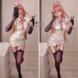 Rule 34 | :d, black gloves, black thighhighs, blonde hair, breasts, chainsaw man, collared dress, cosplay, demon horns, dress, elbow gloves, garter straps, gloves, hair between eyes, hat, highres, holding, holding phone, holding syringe, horns, long hair, medium breasts, mirror, nurse, nurse cap, open mouth, phone, photo-referenced, photo background, photo inset, power (chainsaw man), power (chainsaw man) (cosplay), red horns, self-portrait, short dress, smile, standing, standing on one leg, syringe, teeth, thighhighs, twitch username, twitter username, upper teeth only, white dress, wonnikon, yellow eyes
