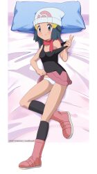 Rule 34 | 1girl, beanie, black hair, black shirt, black socks, blush, boots, breasts, closed mouth, clothes lift, commentary request, creatures (company), dawn (pokemon), eyelashes, full body, game freak, grey eyes, hair ornament, hairclip, hand up, hat, highres, kneehighs, long hair, lying, medium breasts, mio-morimitsu, nintendo, off shoulder, panties, pillow, pink footwear, pink scarf, pokemon, pokemon (anime), pokemon dppt (anime), purple skirt, scarf, shirt, sidelocks, skirt, skirt lift, smile, socks, solo, split mouth, underwear, v, white hat, white panties