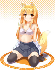 Rule 34 | 1girl, animal ears, bare shoulders, black thighhighs, blonde hair, blush, bra, collarbone, fox ears, fox tail, halftone, halftone background, lingerie, looking at viewer, navel, no shoes, open mouth, original, pleated skirt, school uniform, sitting, skirt, solo, tail, thighhighs, underwear, undressing, violetshit, wariza, white bra, yellow eyes, zettai ryouiki