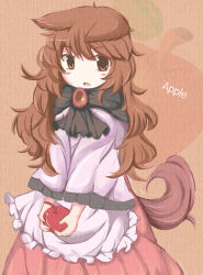 Rule 34 | 1girl, animal ears, apple, bad id, bad pixiv id, blush stickers, brooch, brown hair, dress, food, fruit, imaizumi kagerou, jewelry, layered dress, long hair, looking at viewer, open mouth, red eyes, satorichan, scarf, solo, tail, tan background, touhou, wolf ears, wolf tail