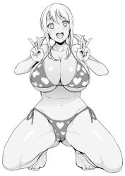 Rule 34 | 1girl, barefoot, bikini, blush, breasts, cleavage, cleft of venus, curvy, fairy tail, female focus, full body, gluteal fold, happy, heart, heart print, huge breasts, large areolae, long hair, looking at viewer, lucy heartfilia, monochrome, naughty face, navel, nipples, open mouth, print bikini, saliva, short twintails, simple background, smile, solo, spread legs, string bikini, sweat, swimsuit, tamagoroo, thighs, thong, thong bikini, twintails, v, white background