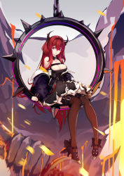 Rule 34 | 1girl, arknights, breasts, cleavage, collar, demon girl, demon horns, high heels, highres, holding, holding weapon, horns, jacket, long hair, looking at viewer, purple eyes, red hair, ribbon, sitting, spiked collar, spikes, surtr (arknights), sword, ura illust, weapon