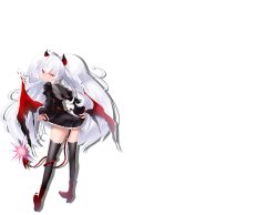Rule 34 | 1girl, black thighhighs, bombergirl, boots, closed mouth, demon girl, demon horns, demon tail, demon wings, from behind, full body, grey hair, grim aloe, half-closed eyes, high heel boots, high heels, horns, leaning forward, long hair, long sleeves, looking at viewer, naughty face, official art, quiz magic academy, red eyes, red footwear, solo, tail, thighhighs, transparent background, twintails, wings