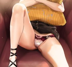 Rule 34 | 1girl, absurdres, bare arms, bare legs, black footwear, black skirt, commentary request, couch, head out of frame, highres, hololive, hololive english, kuroi suna, on couch, panties, pillow, pillow grab, sitting, skirt, solo, thighs, underwear, virtual youtuber, watson amelia, white panties, zipper