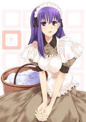 Rule 34 | 00s, 1girl, :d, apron, black ribbon, blue hair, brown dress, buttons, collar, dress, fate/hollow ataraxia, fate/stay night, fate (series), hair between eyes, hairband, laundry basket, long hair, maid, maid apron, maid headdress, matou sakura, mizuki makoto, official alternate costume, open mouth, own hands clasped, own hands together, purple eyes, purple hair, ribbon, short sleeves, simple background, sitting, smile, solo, stone, v arms