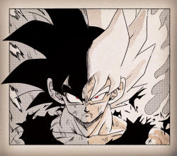 Rule 34 | 1boy, aura, black hair, black shirt, border, close-up, closed mouth, collarbone, commentary request, dirty, dirty face, dragon ball, dragonball z, expressionless, fenyon, floating hair, frown, grey border, greyscale, highres, looking at viewer, male focus, monochrome, muscular, official style, polka dot, polka dot background, red eyes, scratches, serious, shirt, son goku, spiked hair, split screen, split theme, spot color, super saiyan, torn clothes, torn shirt, upper body, white hair