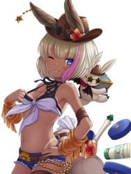 Rule 34 | &gt;;p, 1girl, belt, bikini, bikini tan, bikini top only, blue eyes, breasts, brown hat, brown thighhighs, chloe (granblue fantasy), closed mouth, commentary, demon wings, denim, denim shorts, ears through headwear, erune, front-tie top, granblue fantasy, hand on own hip, hat, looking at viewer, medium breasts, multicolored hair, pink hair, rusha (r style), short shorts, shorts, simple background, single thighhigh, smile, solo, star (symbol), streaked hair, sunglasses, swimsuit, tan, tanline, thighhighs, two-tone hair, v-shaped eyebrows, white background, white bikini, white hair, wings