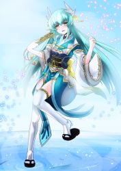 Rule 34 | akana makoto, bad id, bad pixiv id, blue hair, blush, fate/grand order, fate (series), folding fan, green hair, hand fan, highres, japanese clothes, kiyohime (fate), long hair, open mouth, petals, sandals, smile, solo, standing, standing on one leg, thighhighs, white thighhighs, wide sleeves