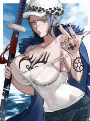 Rule 34 | 1girl, arm tattoo, black nails, blue hair, breast tattoo, breasts, coat, coat on shoulders, covered erect nipples, denim, earrings, fur-trimmed coat, fur hat, fur trim, genderswap, genderswap (mtf), hand gesture, hand tattoo, hands up, hat, highres, holding, holding sheath, holding sword, holding weapon, jeans, jewelry, large breasts, moray of bone, nail polish, one piece, outdoors, pants, parted lips, sheath, sheathed, short hair, solo, sword, tank top, tattoo, trafalgar law, weapon, white tank top, yellow eyes