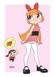 Rule 34 | 1boy, 1girl, arrow (projectile), arrow through heart, baseball cap, black footwear, black pants, blossom (ppg), blush, bow, breasts, brick (ppg), cartoon network, chibi, closed eyes, dress, dress tug, embarrassed, floating, grin, hair bow, hat, heart, highres, long hair, long sleeves, mary janes, medium breasts, oira wa arumajiro, orange hair, panties, pants, pink background, pink dress, pink eyes, ponytail, powerpuff girls, red bow, red hat, red shirt, shirt, shoes, short dress, sleeveless, sleeveless dress, smile, spoken heart, standing, teeth, thighhighs, underwear, white panties, white thighhighs