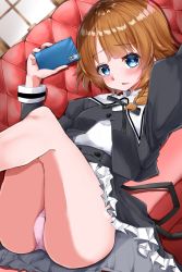 Rule 34 | 1girl, absurdres, arm up, assault lily, black ribbon, black skirt, blue eyes, blurry, blurry background, blush, braid, braided ponytail, brown hair, buttons, cellphone, clothes lift, couch, cropped jacket, dutch angle, frilled skirt, frills, futagawa fumi, glint, hair over shoulder, hand up, high-waist skirt, highres, holding, holding phone, indoors, juliet sleeves, legs up, long hair, long sleeves, looking at viewer, lying, neck ribbon, on back, on couch, panties, parted lips, phone, pink panties, puffy sleeves, ribbon, school uniform, skirt, skirt lift, smartphone, solo, underwear, upskirt, wavy mouth, ya-man, yurigaoka girls academy school uniform