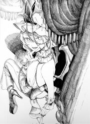 1girl back_cutout bat_wings clothing_cutout commentary curtains dress full_body greyscale hat hat_ribbon high_heels highres laspberry. looking_at_viewer mob_cap monochrome open_mouth remilia_scarlet ribbon short_hair smile solo touhou wings wrist_cuffs