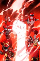 Rule 34 | 5boys, absurdres, bodysuit, clenched hand, clenched hands, comic cover, dan mora, gloves, helmet, highres, holding, holding sword, holding weapon, mighty morphin power rangers, multiple boys, official art, open hand, power rangers, red bodysuit, red ranger, sword, tokusatsu, visor, weapon, white gloves