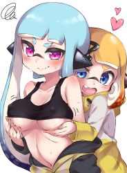 Rule 34 | 2girls, agent 3 (splatoon), agent 4 (splatoon), black shirt, black sports bra, blue eyes, blue hair, blunt bangs, blush, bob cut, breasts, closed mouth, clothes lift, clothes pull, commentary, fang, female pervert, grabbing, grabbing another&#039;s breast, grabbing from behind, headgear, heart, highres, inkling, inkling girl, inkling player character, jacket, long hair, long sleeves, looking at viewer, medium breasts, motion lines, multiple girls, navel, nintendo, orange hair, penguin maru (penginmaru), pervert, purple eyes, shirt, shirt pull, short hair, simple background, smile, smirk, splatoon (series), splatoon 1, splatoon 2, sports bra, sports bra lift, squidbeak splatoon, squiggle, standing, sweat, sweatdrop, tentacle hair, underboob, vest, wavy mouth, white background, yellow jacket, yellow vest