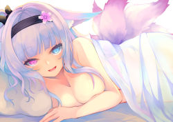 Rule 34 | 1girl, :d, animal ear fluff, animal ears, bed sheet, black hairband, blue eyes, breasts, cleavage, commentary request, flower, fox ears, fox girl, fox tail, grey hair, hairband, heterochromia, highres, kitsune, large breasts, long hair, lying, naked sheet, on side, open mouth, original, otogi kyouka, pillow, pink eyes, pink flower, smile, solo, tail, transparent, under covers, white background