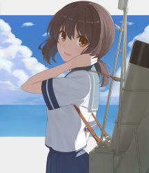 Rule 34 | 10s, 1girl, brown eyes, brown hair, cloud, day, from side, fubuki (kancolle), kantai collection, looking at viewer, low ponytail, machinery, nananichi, open mouth, pleated skirt, school uniform, serafuku, short ponytail, skirt, sky, smile, solo
