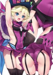 Rule 34 | 1girl, armpits, arms up, ass, black thighhighs, blonde hair, blue eyes, blush, breasts, cameltoe, carol malus dienheim, cleft of venus, covered navel, gloves, gluteal fold, hair between eyes, hat, highres, looking at viewer, mole, mole under eye, multiple views, open mouth, purple gloves, senki zesshou symphogear, short hair, simple background, small breasts, sweatdrop, teeth, thighhighs, upper teeth only, white background, yoi naosuke