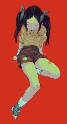 Rule 34 | 1girl, bandaid, bandaid on knee, bandaid on leg, black hair, brown shorts, closed eyes, closed mouth, collared shirt, hair ribbon, highres, invisible chair, knee up, long hair, looking down, original, ribbon, shirt, shirt tucked in, shoes, short sleeves, shorts, sitting, smiley face, sneakers, solo, ttanne, twintails, yellow shirt