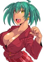 Rule 34 | 1girl, breast press, breasts, dark-skinned female, dark skin, earrings, feet out of frame, female focus, green eyes, green hair, haiboku, highres, ikkitousen, jacket, jewelry, large breasts, long hair, looking at viewer, magatama, magatama earrings, miniskirt, no bra, open mouth, ryofu housen, shiny skin, simple background, skirt, smile, solo, standing, suit jacket, twintails, white background, wide hips