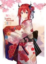 Rule 34 | 1girl, alternate costume, alternate hairstyle, arknights, back bow, black bow, blush, bow, cherry blossoms, closed mouth, cowboy shot, floral print, flower, from side, gradient background, hair bun, hair flower, hair ornament, happy new year, highres, horns, japanese clothes, kimono, kokao358, long sleeves, looking at viewer, looking to the side, multicolored clothes, multicolored kimono, new year, obi, orange background, print kimono, purple eyes, purple flower, red hair, sash, side bun, sidelocks, single hair bun, single side bun, solo, surtr (arknights), wide sleeves, yukata