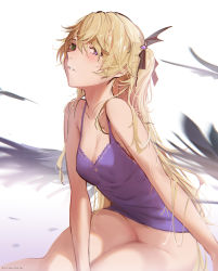 Rule 34 | 1girl, absurdres, artist name, bare shoulders, biittertaste, black ribbon, blonde hair, blush, bottomless, breasts, cleavage, commentary, english commentary, fischl (genshin impact), genshin impact, green eyes, hair over one eye, hair ribbon, heterochromia, highres, long hair, looking at viewer, medium breasts, nightgown, no eyepatch, no panties, parted lips, purple eyes, revision, ribbon, shadow, sitting, solo, thighs, two side up, underwear, underwear only, watermark