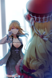 Rule 34 | 2girls, black legwear, blonde hair, breasts, cinia pacifica, cleavage, cross, crying, crying with eyes open, dress, drill hair, earrings, frilled dress, frills, gilse, gloves, hat, jacket, jewelry, large breasts, long hair, lowres, multiple girls, purple eyes, rose pacifica, siblings, sisters, smile, sword girls, tears, thighhighs, very long hair, wiping tears