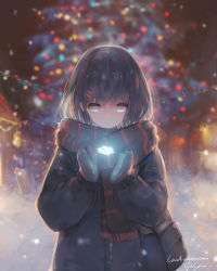 Rule 34 | 1girl, black hair, black jacket, black scarf, blurry, blurry background, christmas, christmas ornaments, christmas tree, commentary request, depth of field, fringe trim, grey eyes, grey mittens, hair between eyes, hair ornament, hairclip, hands up, highres, jacket, kisei2, long sleeves, looking away, looking down, mittens, night, original, outdoors, parted lips, puffy long sleeves, puffy sleeves, scarf, signature, sleeves past wrists, snow, snowflakes, snowing, solo, standing, striped clothes, striped scarf, vertical-striped clothes, vertical-striped scarf