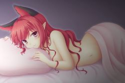 Rule 34 | 1girl, animal ears, cat ears, artistic error, hair down, isaki (gomi), kaenbyou rin, long hair, looking at viewer, navel, nude, on bed, pillow, pov across bed, red eyes, red hair, smile, solo, touhou, under covers
