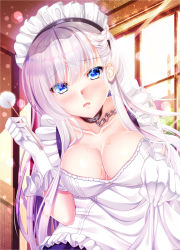 Rule 34 | apron, azur lane, belfast (azur lane), blue eyes, braid, breasts, chain, cleavage, collar, collarbone, commentary request, corset, french braid, frilled apron, frills, gloves, highres, indoors, large breasts, long hair, looking at viewer, maid, maid apron, maid headdress, mimikaki, silver hair, solo, white apron, white gloves, window, yuuzuki hijiri