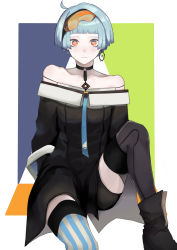 Rule 34 | 1girl, absurdres, alternate costume, arms behind back, bare shoulders, black thighhighs, blue hair, blush, boots, breasts, closed mouth, collarbone, earrings, eyewear on head, girls&#039; frontline, highres, jewelry, knee up, looking at viewer, on floor, orange eyes, saiun sigma, short hair, simple background, single earring, sitting, small breasts, solo, striped clothes, striped thighhighs, thighhighs, zas m21 (girls&#039; frontline)
