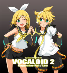 Rule 34 | 1boy, 1girl, aqua eyes, arm warmers, blonde hair, brother and sister, character name, denim, denim shorts, detached sleeves, deyezi, hair ornament, hair ribbon, hairclip, headphones, headset, hetero, holding hands, kagamine len, kagamine rin, navel, necktie, one eye closed, open mouth, ribbon, short hair, shorts, siblings, smile, twins, vocaloid, wink, yellow necktie