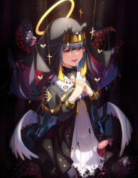 Rule 34 | 1girl, absurdres, alternate costume, black capelet, blunt bangs, capelet, commentary, cross, dress, english commentary, feathered wings, habit, halo, headband, highres, hololive, hololive english, j4ngaro, long dress, long hair, looking at viewer, low wings, mole, mole under eye, ninomae ina&#039;nis, nun, open mouth, orange hair, pointy ears, praying, red eyes, skirt, smile, solo, star (sky), tentacle hair, tentacles, very long hair, virtual youtuber, white wings, wings