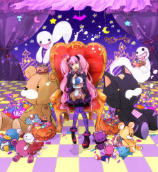 Rule 34 | 1girl, alternate costume, bat (animal), bear, bird, bow, candy, candy cane, cat, chair, checkered floor, crescent moon, crown, curtains, dog, dress, fangs, floor, food, frilled dress, frilled sleeves, frills, ghost, gothic lolita, halloween, happy halloween, hat, heart, highres, horns, jack-o&#039;-lantern, kumacy, kuta (maka), licking, lolita fashion, lollipop, long hair, mask, moon, mouth mask, one piece, pantyhose, penguin, perona, pink hair, pumpkin, purple eyes, rabbit, red upholstery, ribbon, scarf, shueisha, sitting, skull, solo, star (symbol), stitches, striped clothes, striped pantyhose, stuffed toy, surgical mask, swirl lollipop, tongue, toy, twintails, very long hair