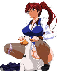 Rule 34 | 1990s (style), 1girl, bottomless, cleft of venus, excel saga, female focus, highres, loafers, long hair, matsuya misaki, panties, panties around leg, pee, peeing, ponytail, potty, pussy, red eyes, red hair, retro artstyle, shoes, side shape, skirt, unworn skirt, solo, squatting, thighhighs, uncensored, underwear, vest, white background