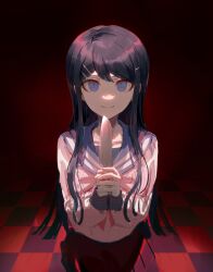 Rule 34 | 1girl, absurdres, black hair, blue eyes, blue sailor collar, bow, bowtie, breasts, checkered floor, closed mouth, collarbone, danganronpa: trigger happy havoc, danganronpa (series), fug uai, hair ornament, hairclip, hands up, highres, holding, holding knife, knife, large breasts, long hair, maizono sayaka, miniskirt, own hands together, pink bow, pink bowtie, red background, sailor collar, shirt, skirt, smile, solo, white shirt